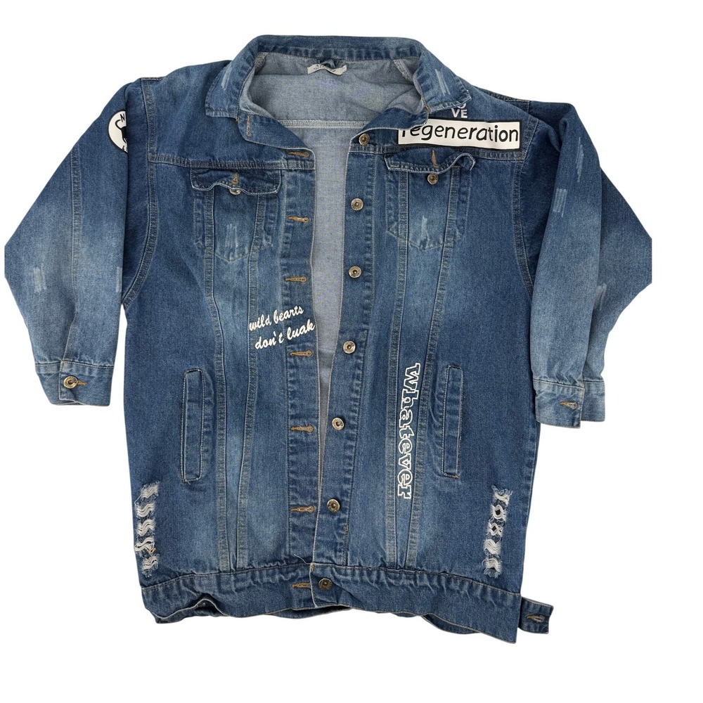 May Design M/L Trouble Maker Distressed Denim Jacket Blue Graphic Streetwear
